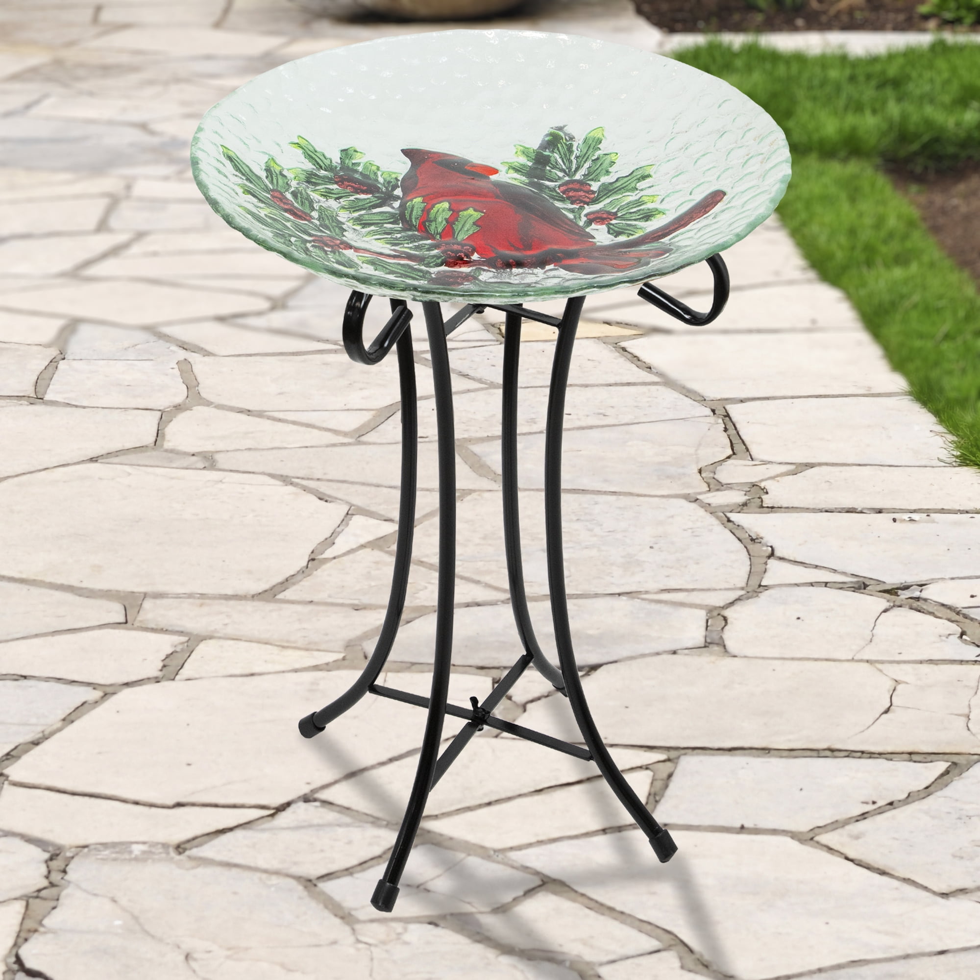 Northlight 21" Red Cardinal and Pine Cone Glass Bird Bath with Stand