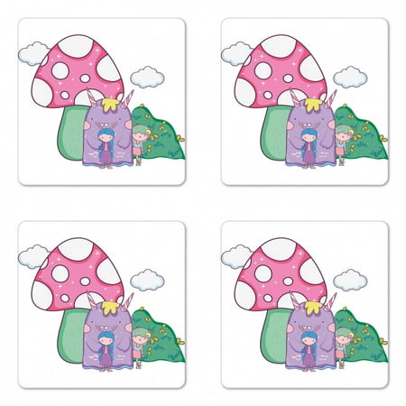 

Alien Coaster Set of 4 Nursery Design of Little Youngsters with Monster on a Background of a Mushroom House Square Hardboard Gloss Coasters Standard Size Multicolor by Ambesonne