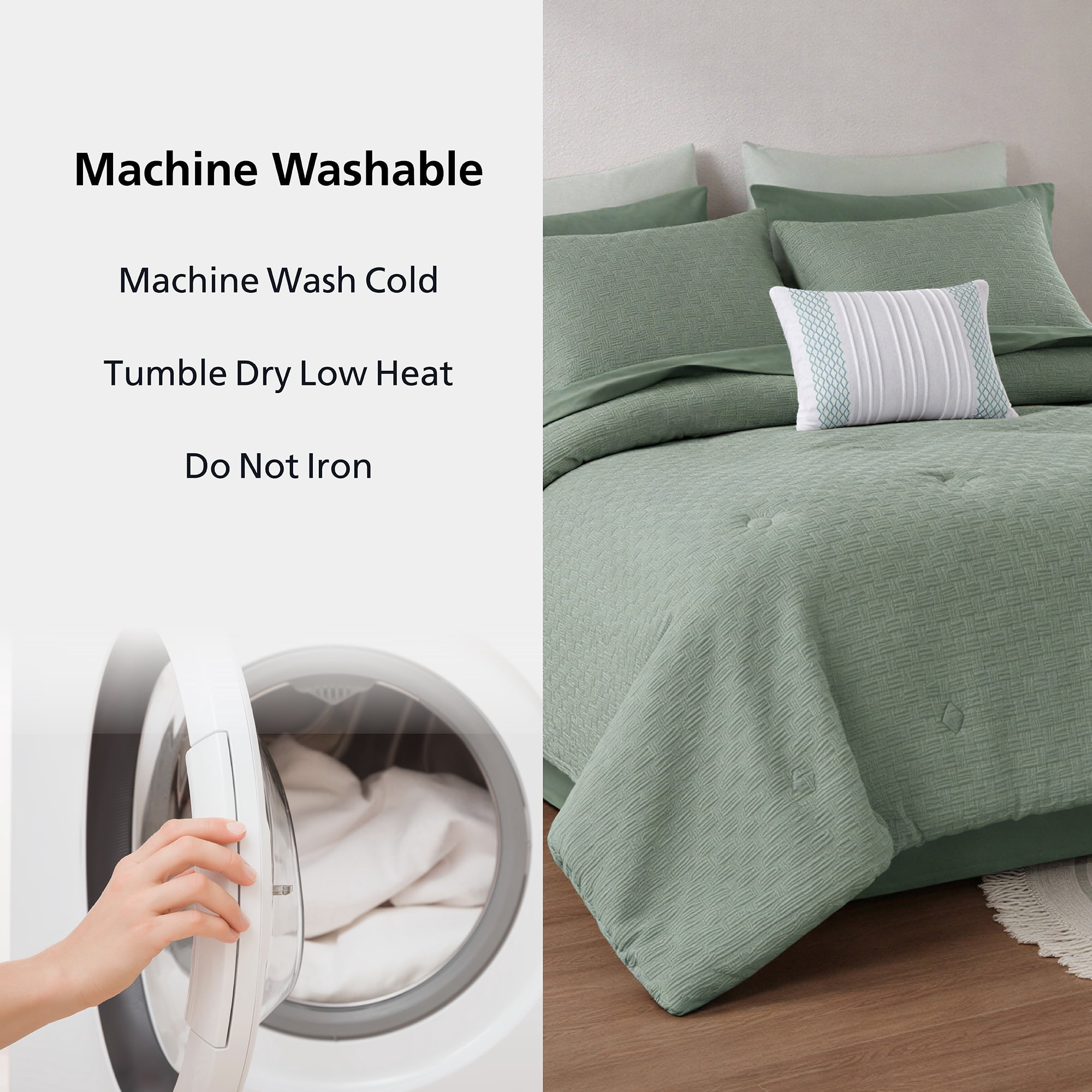 Mainstays Reversible 11-Piece Bed-in-a-Bag Comforter Set with Sheets, Full, Green Basketweave