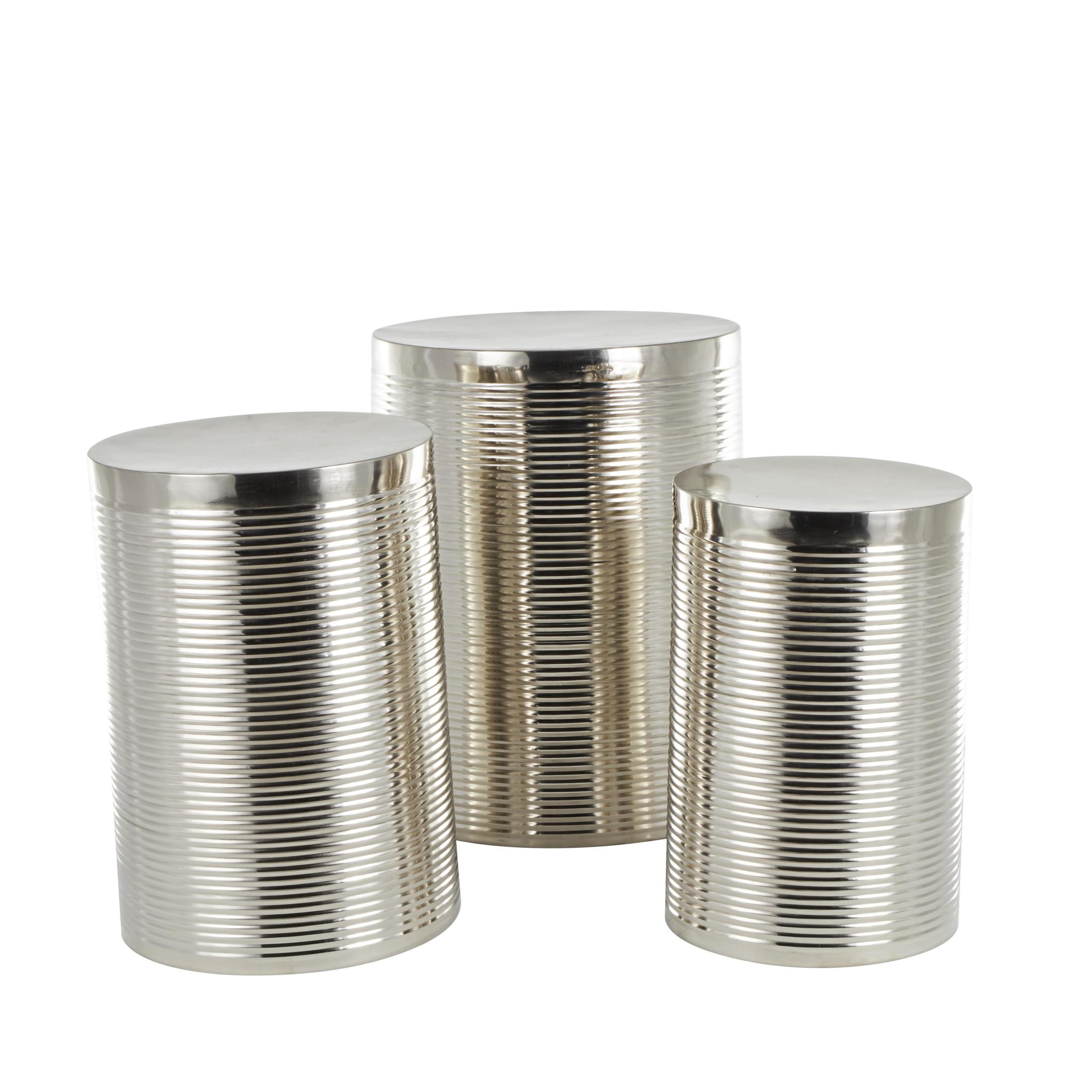 DecMode 18" x 24" Silver Metal Ribbed Drum Accent Table, 3-Pieces