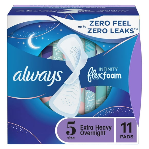 Always, Infinity With FlexFoam Pads For Women, Size 5, Extra Heavy Overnight Absorbency With Wings, 11 Count