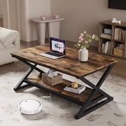 39 inch Rustic Brown Rectangle Coffee Table for Living Room, 2-Tier Farmhouse Coffee Tables with Round Corner, Center Table for Small Space, Apartment, Office