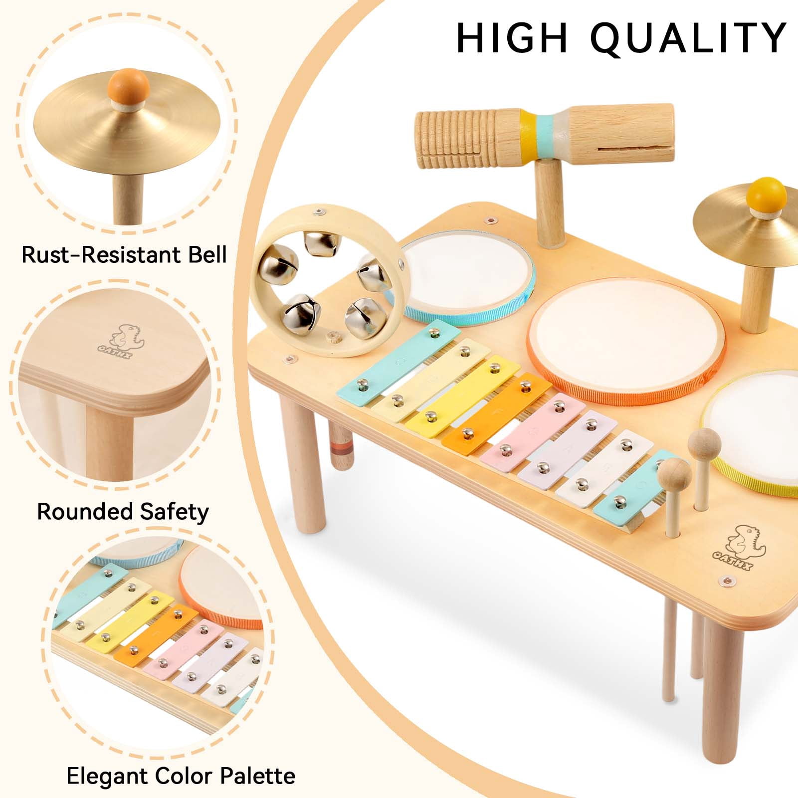 OATHX Kids Drum Set, Montessori Musical Instruments for Toddlers, Wooden Musical Toys for Baby, Preschool Educational Xylophone Drum Kit
