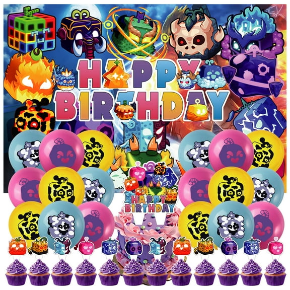 32 PCS For Blox Fruits Theme Party Decorations,With 5*3ft Birthday Backdrop Decorations,13 Cupcake Toppers Balloons,18 Balloons for Birthday Party Decorations