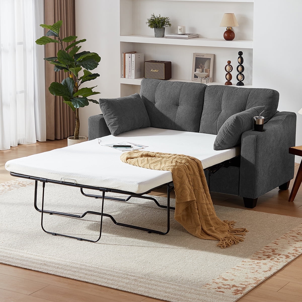 CHIC HOUSE Full Corduroy Pull Out Sofa Bed, Sleeper Sofa with Memory Foam Mattress & USB Charging, Convertible Loveseat Couch for Living Room, Small Spaces, Deep Gray