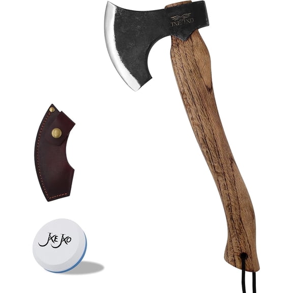 JXE JXO 14.5" Camping Hatchet with 1065 High Manganese Steel Head and Hickory Handle, Bushcraft Axe for Wood Chopping, Includes Leather Sheath
