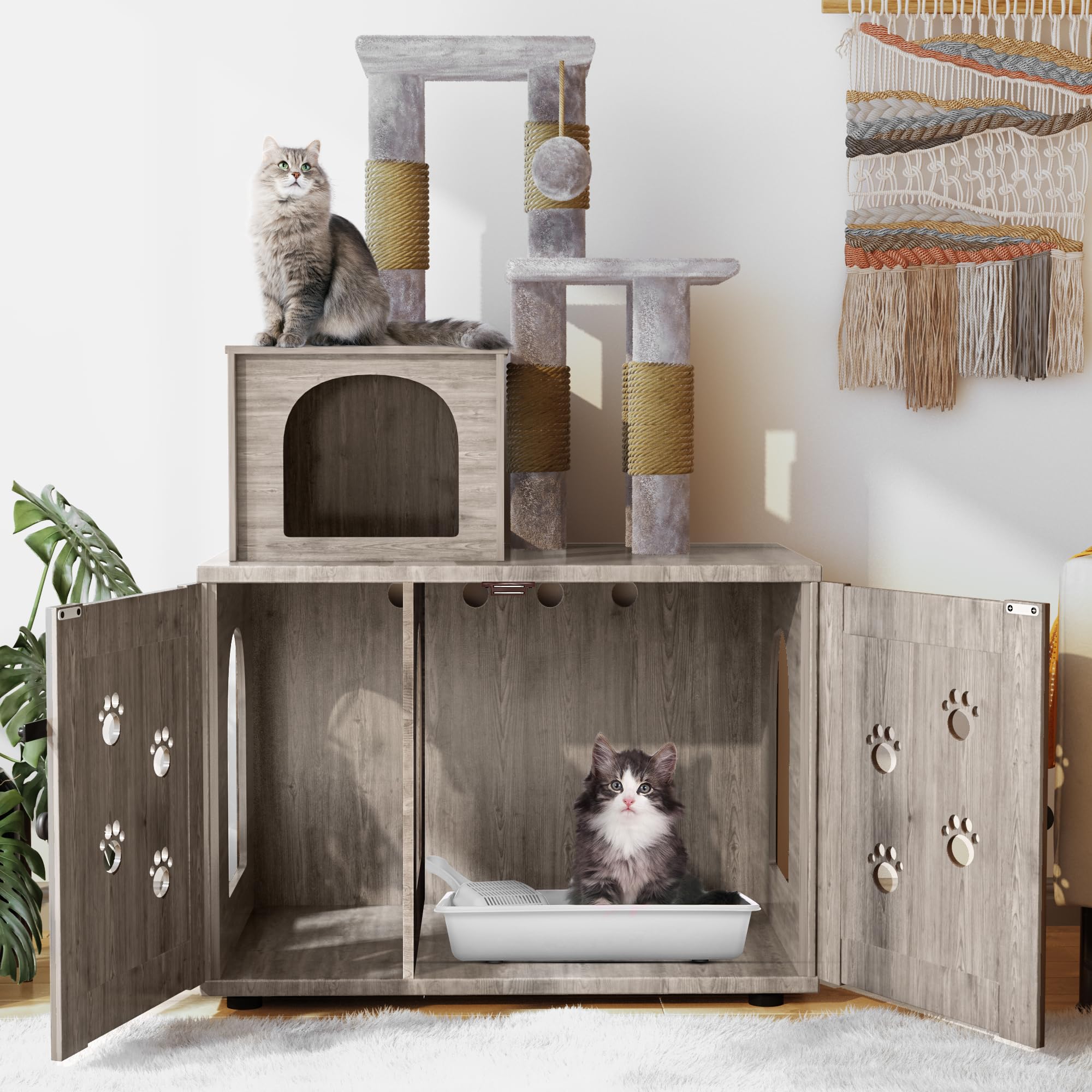 Baxluxe Cat Litter Box Enclosure with Cat Tree, Hidden Cat Washroom Furniture with Divider, Wooden Cat House with Platform, Scratching Post and Soft Plush Perch, Indoor Pet Cabinet, Gray