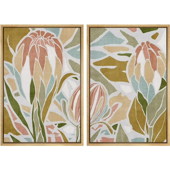 IDEA4WALL Framed Canvas Print Wall Art Set Tropical Monstera Leaf Colorful Collage Abstract Digital Art Decorative Bohemian Colorful Artwork for Living Room, Bedroom, Office - 24"x36"x2 Natural