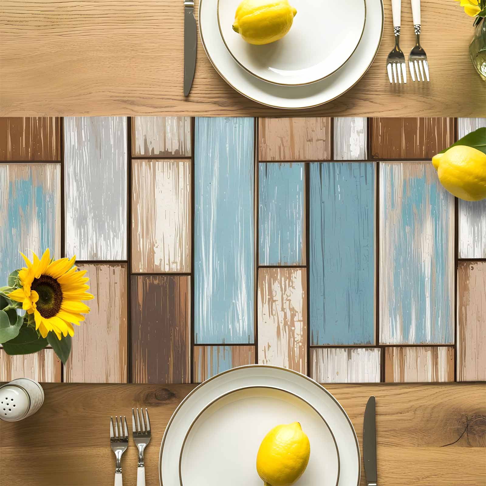 Vintage Farmhouse Wooden Board Table Runner 90 Inches Long, Rustic Blue Brown Wood Plank Table Runners Tabletop Scarf Kitchen Dining Tables Decoration for Home Party Indoor Outdoor