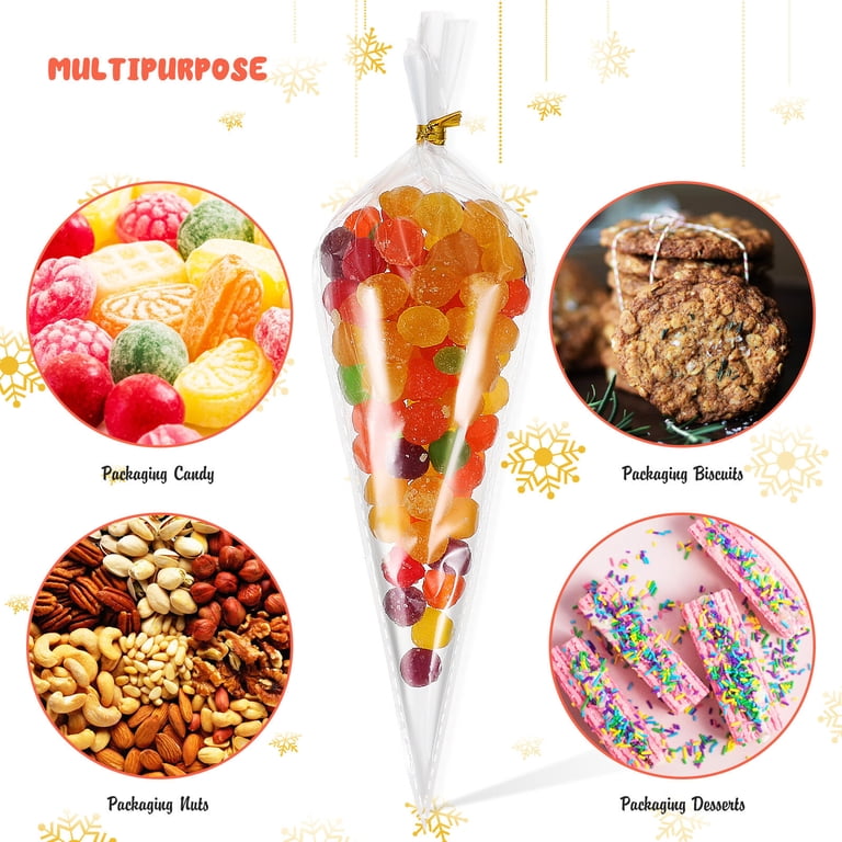 Large Clear Cellophane Cone Bags - Perfect For Candy, Sweets & Kids Party Favors