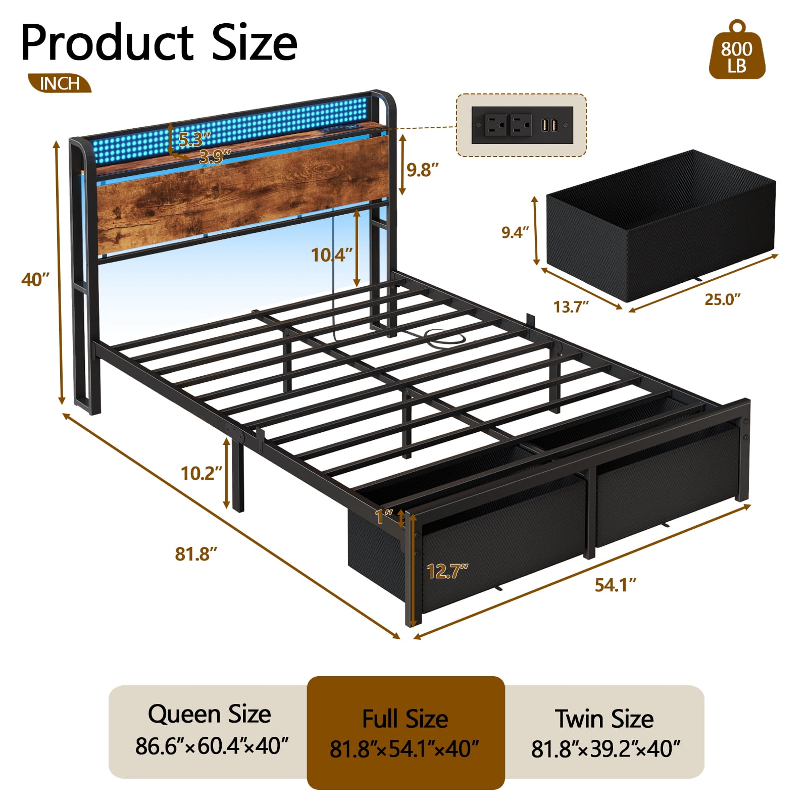 Satifur Full Bed Frame with 2 Drawers & Storage Headboard, Platform Metal Bed with Charging Station, No Box Spring Needed