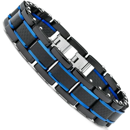 Men's Black and Blue Stainless Steel Bracelet with Pure Solid Carbon Fiber links 8.25 Can be sized down