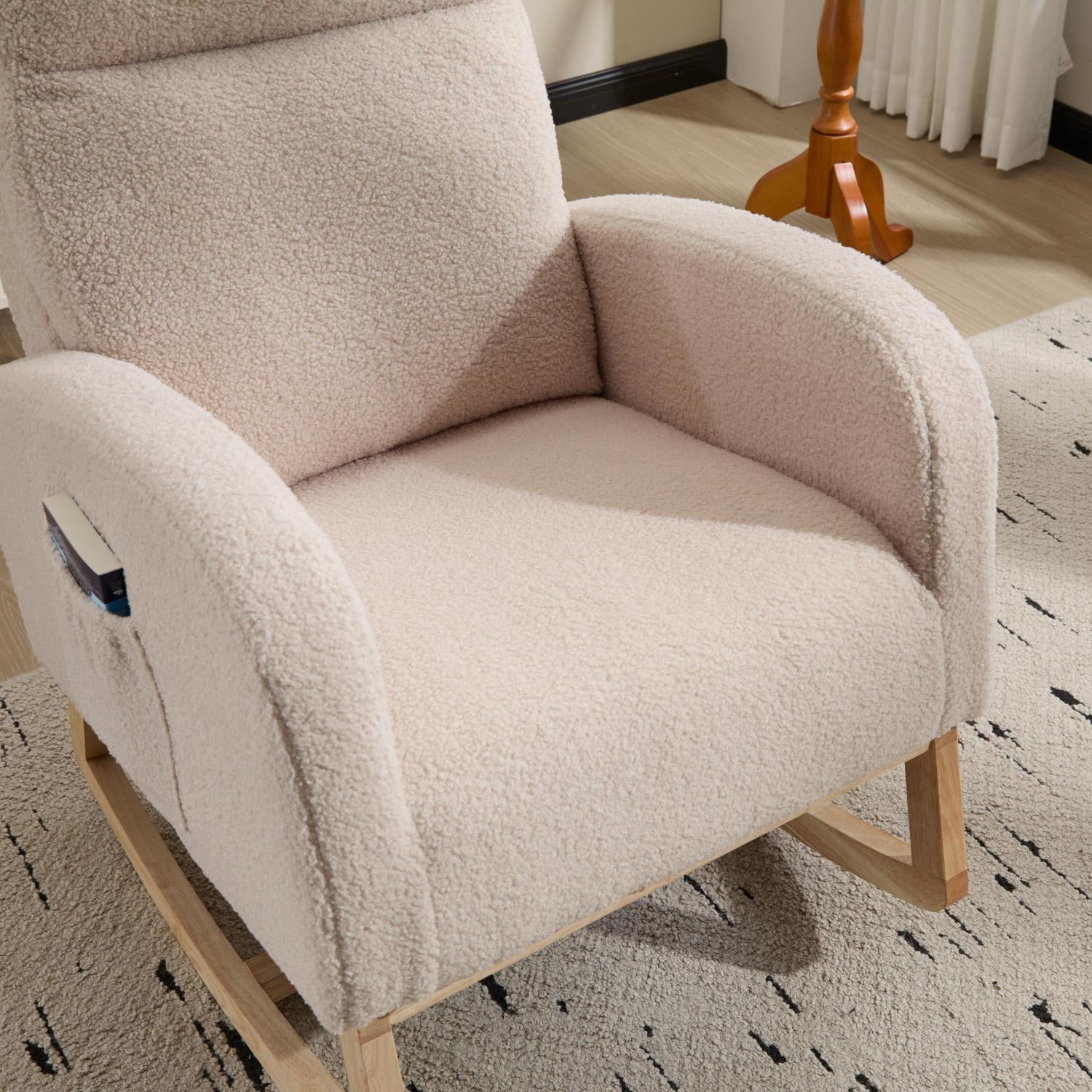 Lisonu Beige Upholstered Rocking Glider Chair with Solid Wood Legs, High Backrest & Side Pocket — Modern Accent Lounge Armchair for Living Room & Nursery (Teddy Fabric)