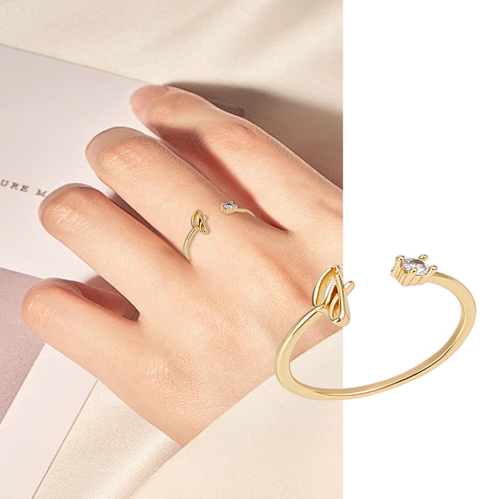 1Pcs Letter Brass Rhinestone Open Cuff Rings Golden A-Z Initial Open Ring for Women Personalized Jewelry Gifts DIY Letter J