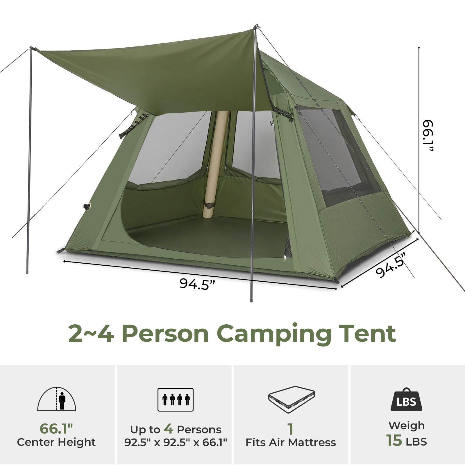 UBesGoo 2-4 People Inflatable Tent with Hand Pump for Camping, Easy Setup Air Glamping Tents with Extra Canopy, Camping Tent for Family, Green