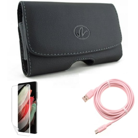 10ft Long USB-C Cable & Case Belt Clip & Matte Screen Protector for Samsung Galaxy S22 Plus (S22 ) - Combo Pink Charger Cord Power Wire & Leather Swivel Holster & TPU Film Anti-Glare