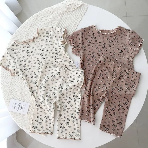 Girls Summer Outfits Toddler Strawberry Print Short Sleeve Top and Shorts Ice Silk Ac Suit Baby Girl Clothes Beige 18-24 Months