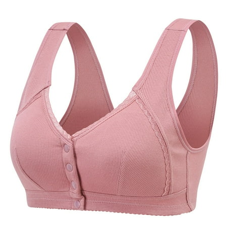 TrendVibe365 Front Closure Bras for Seniors Womens Plus Size Ribbed Knit Wireless Push up Bralette Padded Snap Front Closure Wide Strap Corset Full Coverage Crop Tank Top Comfortable Lingerie Pink