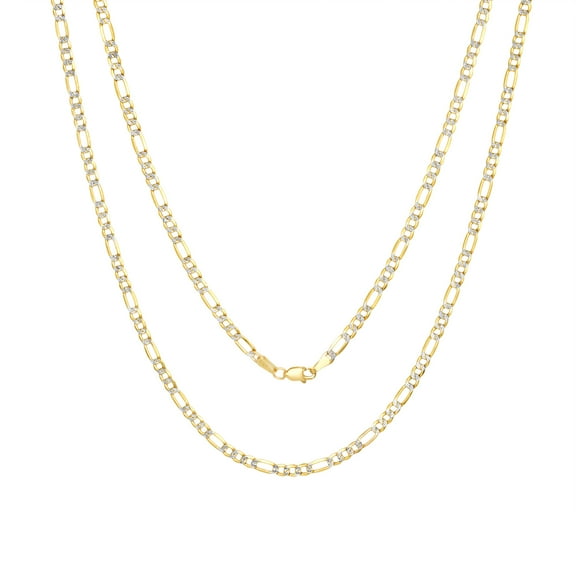 Nuragold 10k Real Yellow Gold Solid Figaro Link 4mm Diamond Cut Pave Chain Necklace (16"-30") Two Tone Italian Jewelry for Men & Women