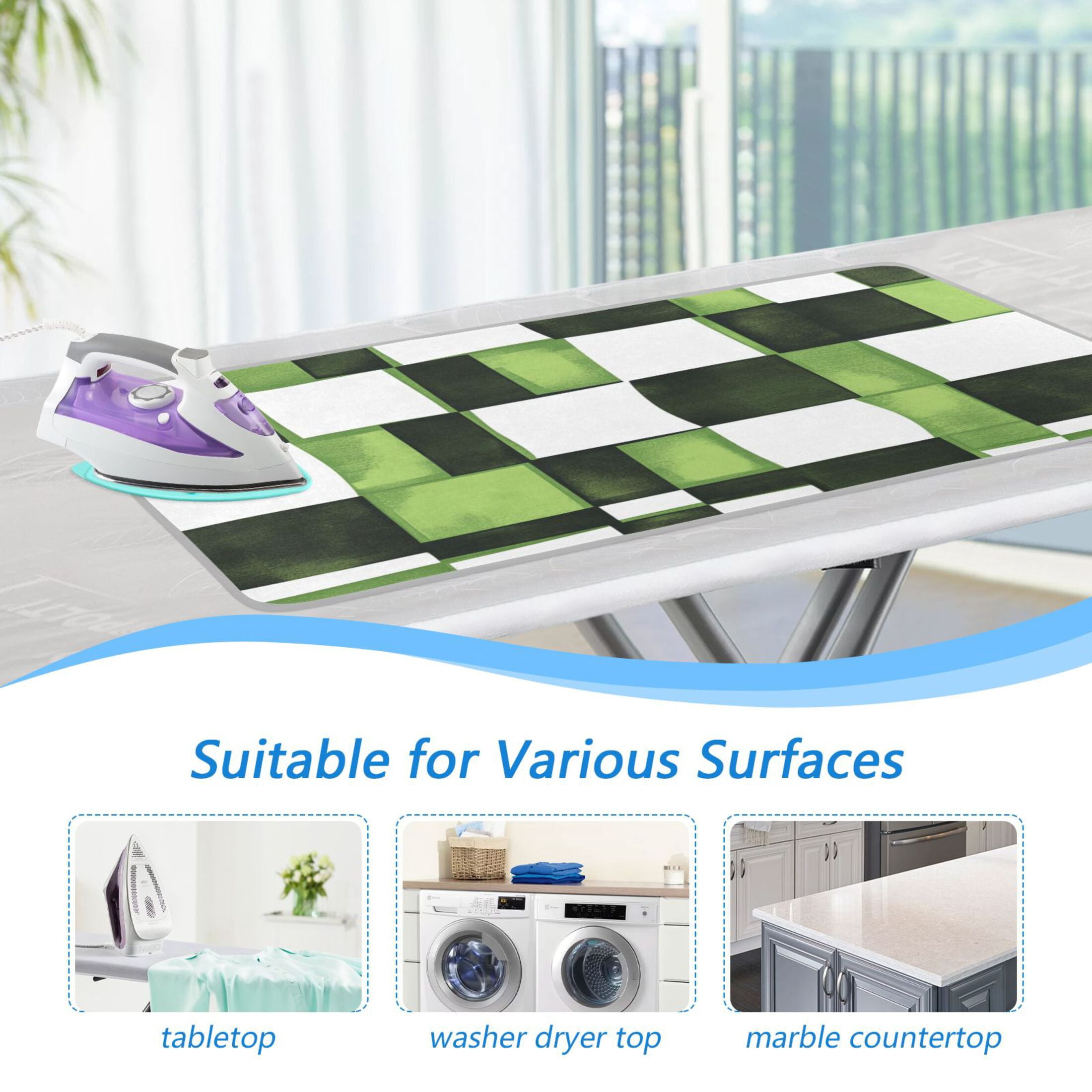 Green and White Square Ironing Mat Blanket for Table Top Travel Portable Ironing Board Pad 47.2x27.6 Inch