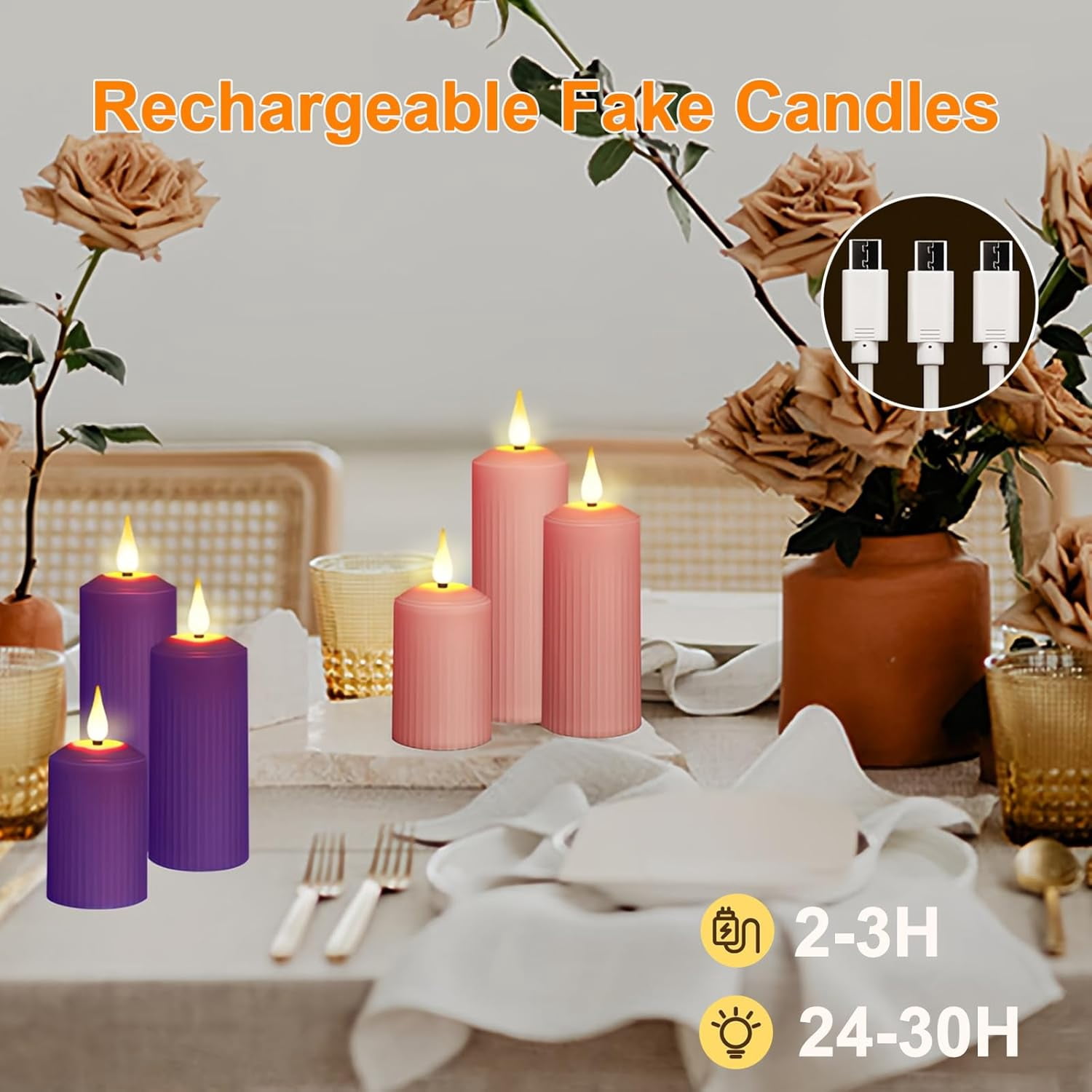 Flickering Flameless Candles, 2PCS Rechargeable Fake Pillar Candles with Remote & Timer, IP44 Waterproof for Lantern Holiday Wedding Party Home Decor (Pink)