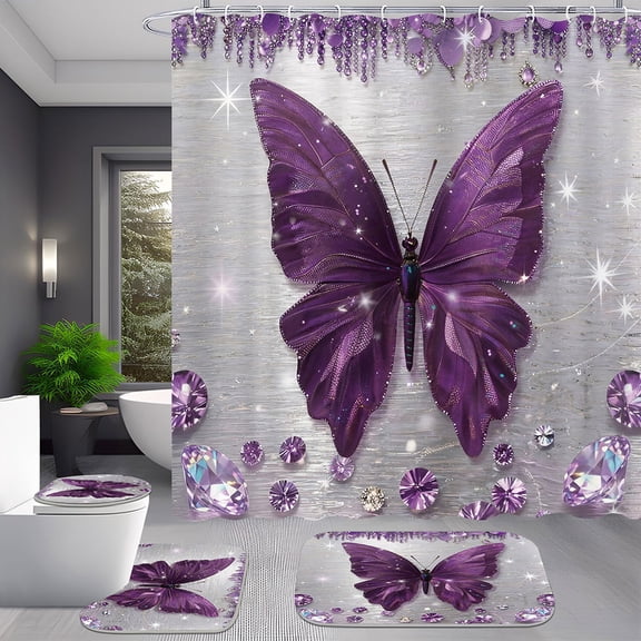 4-Piece Purple Butterfly Glitter Effect Shower Curtain Set with Rugs