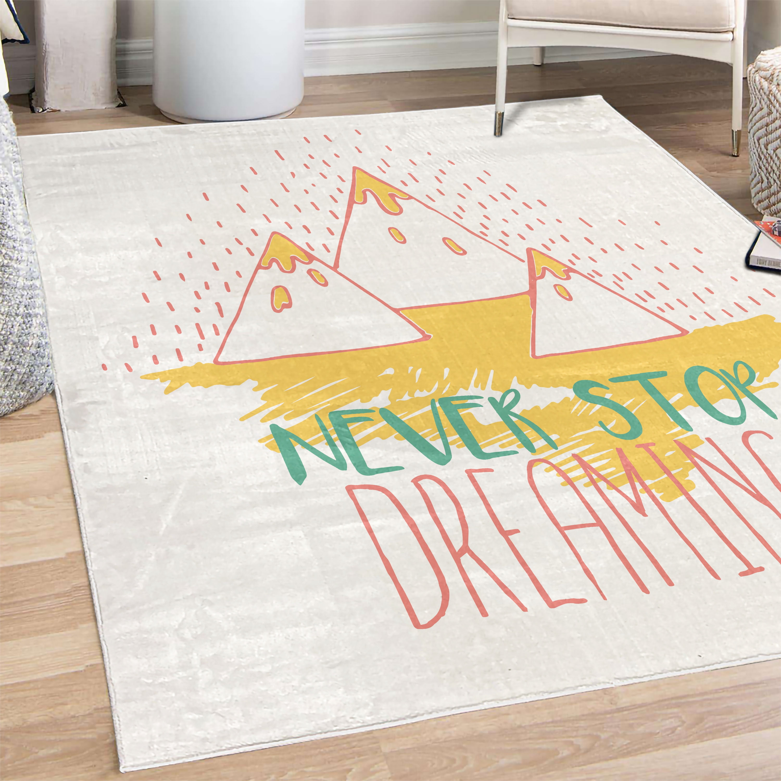 Dream Step Area Rug Saying Decorative Rug, Mountain Peaks and Never Stop Dreaming Goals ...