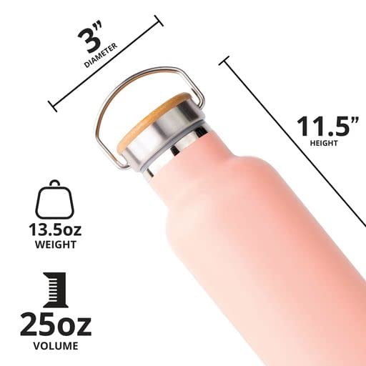 Elemental Classic Insulated Water Bottle, Leak Proof Thermos Water Bottle with Bamboo Lid and Metal Ring, Reusable Insulated Stainless Steel Water Bottle, 25oz - Blush Pink