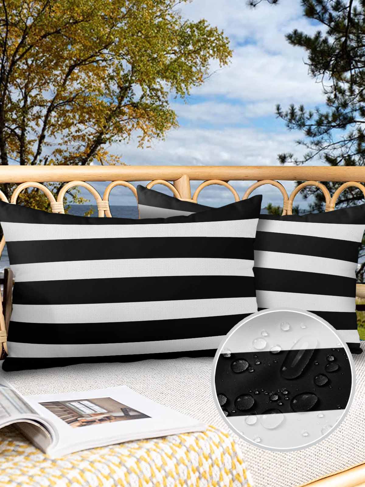 Outdoor Waterproof Throw Pillow Covers Set of 2 Black Stripes Decorative Pillowcases Lumbar Outdoor Pillows Cushion Case 20x12 Inch Modern Simple Striped Patio Pillows for Couch Sofa Bed Garden