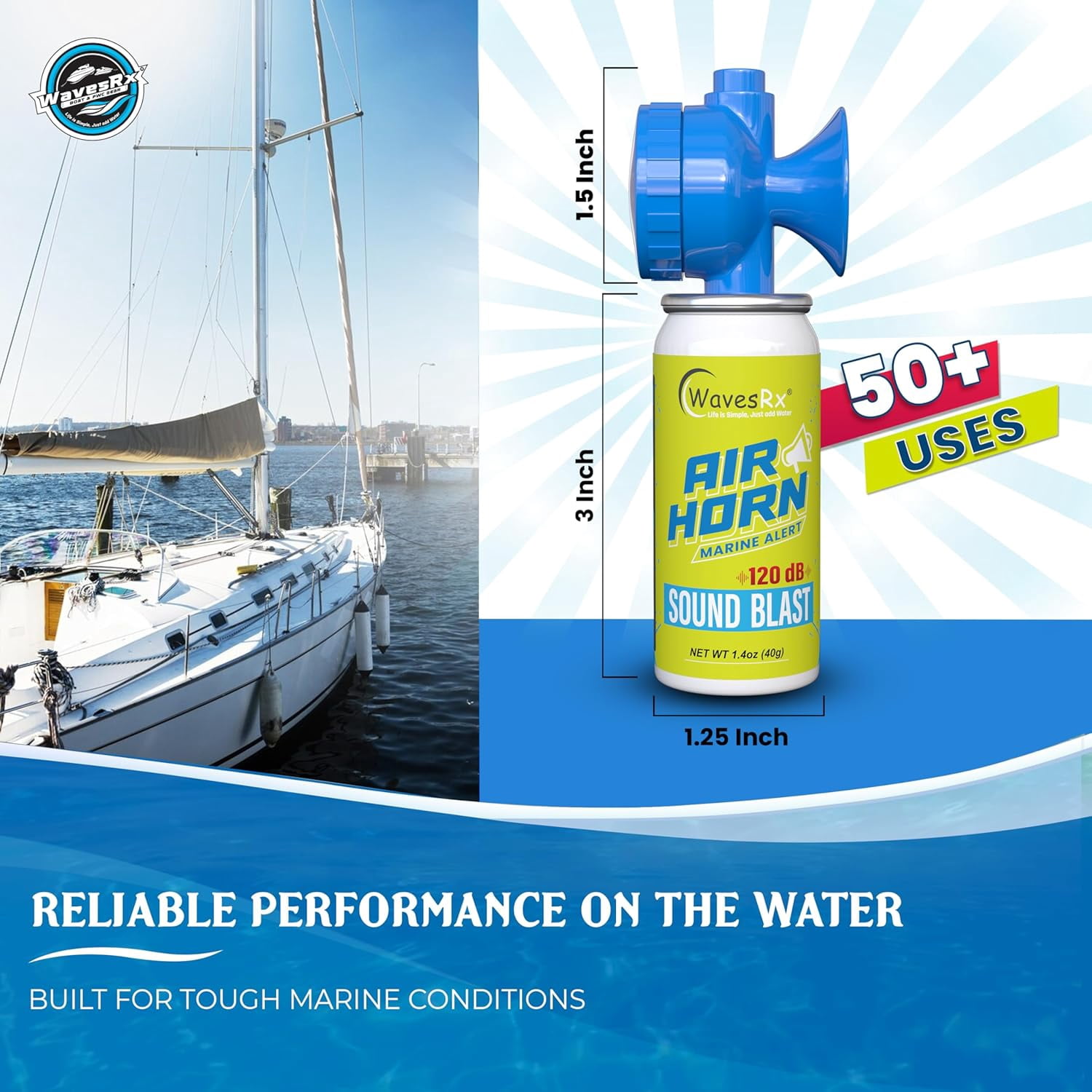 WavesRx Marine Air Horn – Coast Guard Approved Boat Horn for Safety & Fog Alerts | Loud 120 dB Sound Blast Reaches ½ Mile