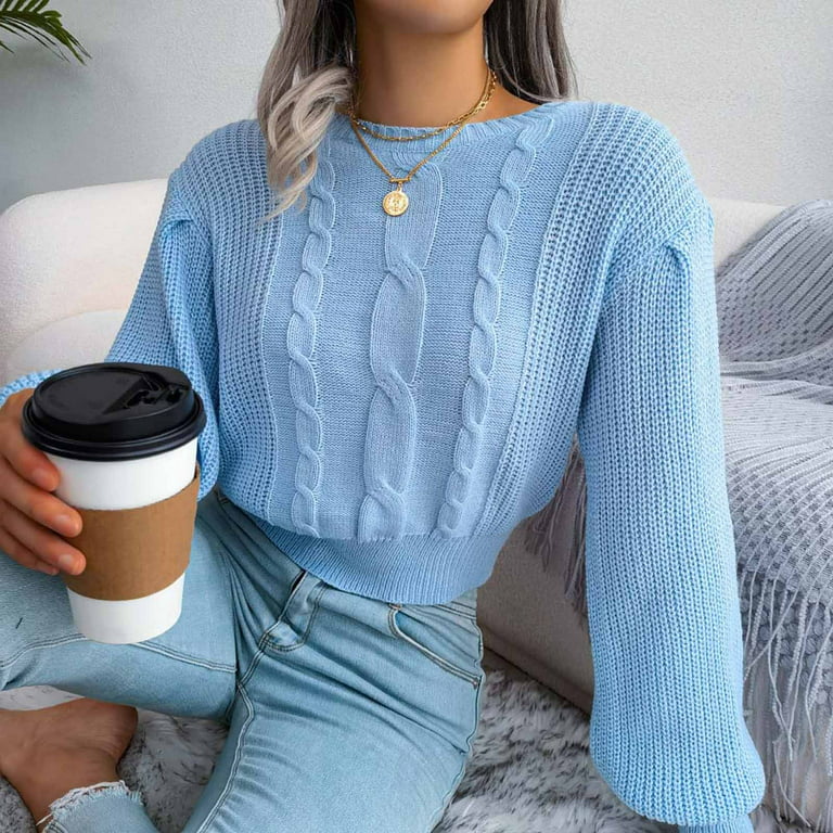 Juebong Cropped Sweater Tops for Women Casual Solid Round Neck Long Sleeve  Short Sweaters Autumn Winter Warm Soft Pullover Blouse Sweatshirts for Teen  Girls 