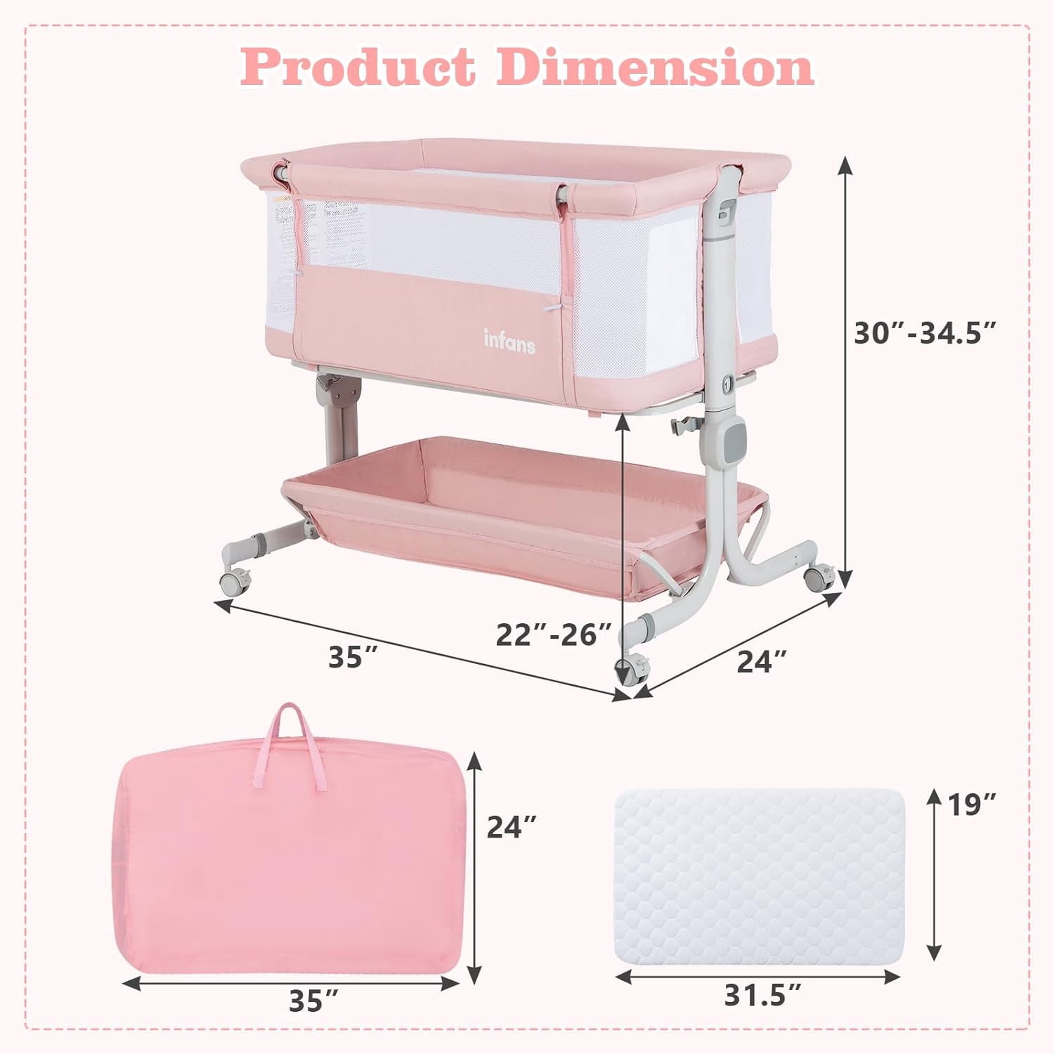 OLAKIDS 3-in-1 Baby Bassinet, Bedside Sleeper with Comfy Mattress, Wheels, 6 Height Adjustable, Storage Basket, Travel Bag, Portable All Mesh Crib for Newborn Infant (Pink)