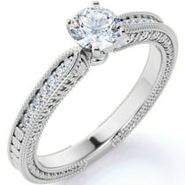 JeenMata Antique .75 ct - Round Moissanite - Vintage Inspired - Edwardian Engagement Ring - 18K White Gold over Silver