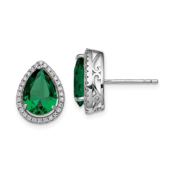 Sterling Silver Rhodium Simulated Emerald & CZ Post Earrings Sterling Silver Earrings