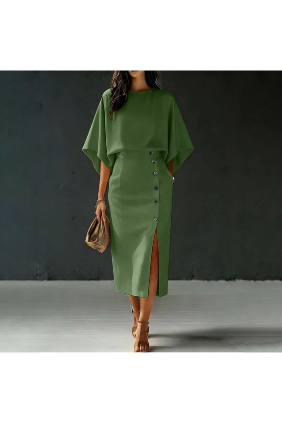 Women's 2 Piece Set, Batwing Sleeve Round Neck Top and High Waist Slit Midi Skirt, Elegant Orange Outfit for Office or Business, 2026 New Limited-time Offer