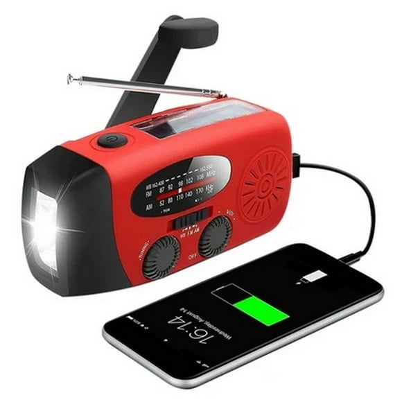 Röd vevradio med solceller, ficklampa och 2000mAh powerbank Nödradio, överlevnad