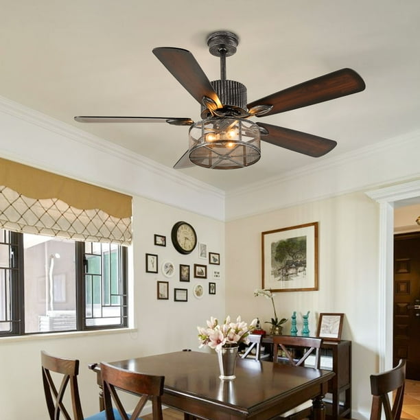 Industrial Ceiling Fan Light 52 Inch 3 Lights E26 Fixture For Restaurant Living Room Bedroom Create Iron Cage Rustic Style Com Lights E26 Fixture For Restaurant, Dining Room Ceiling Fan Light Fixture