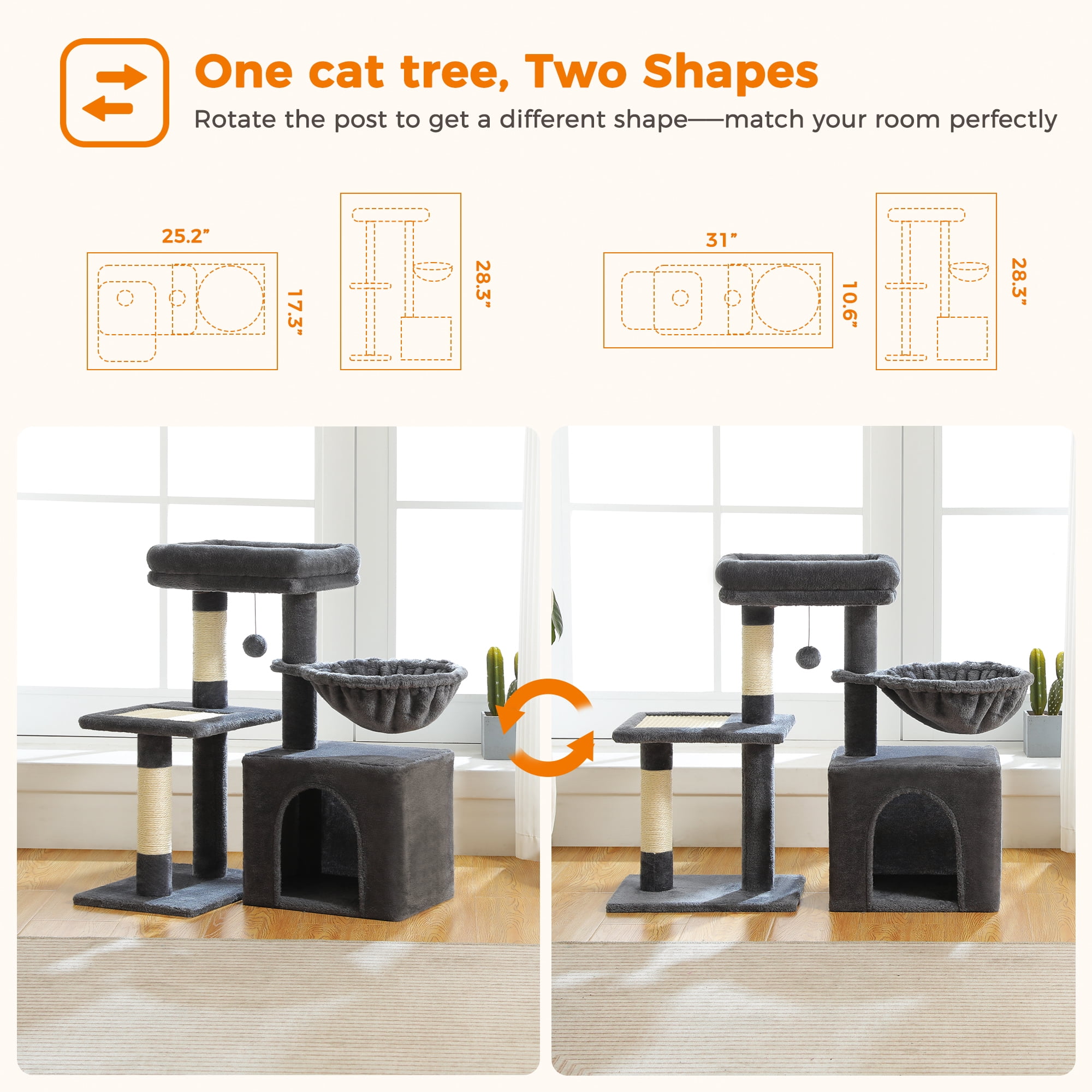 PAWZ Road 28" Small Cat Tree Tower Condo with Perch, Scratching Post for Indoor Cats, Dark Gray