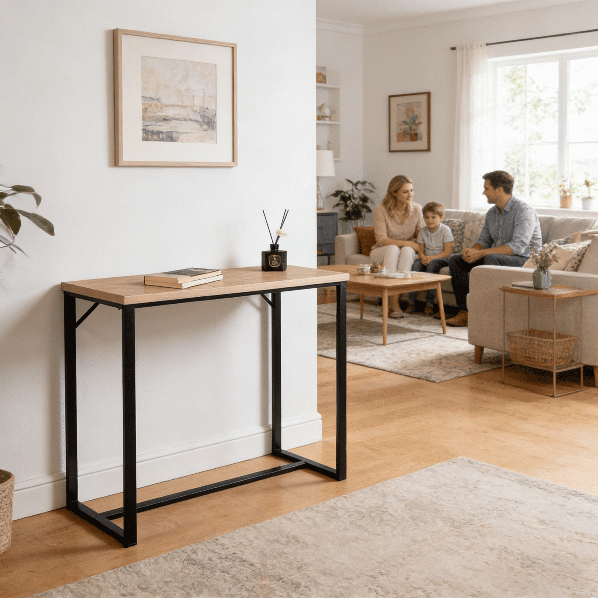 Bali Coastal Modern Console Table Natural Wood Top with Black Metal Legs