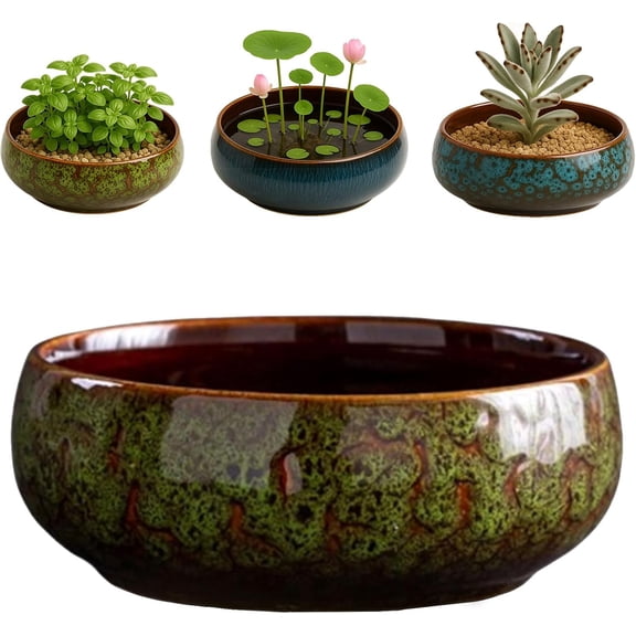 Lotus Bowl Planter â Glazed Ceramic Indoor Bowl Lotus Pot for Lotus Seeds, Bonsai, Succulents | Shallow Hydroponic Decorative Oriental Flower Bowl
