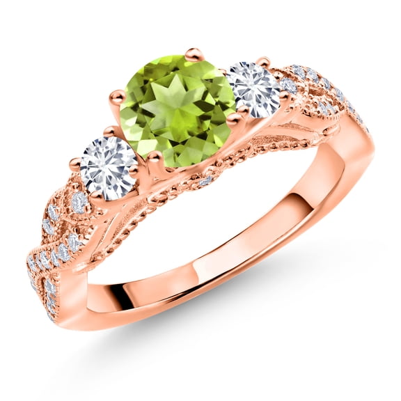 Gem Stone King 18K Rose Gold Plated Silver Green Peridot White Lab Grown Diamond and White Moissanite Engagement Ring for Women (1.47 Cttw, Gemstone August Birthstone, Round 6MM and 3MM, Size 5)