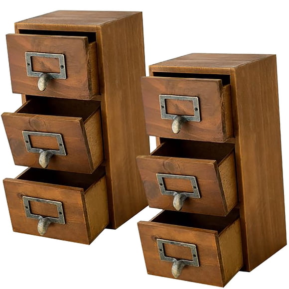 Mini Vintage 3 Drawer Desktop Organizer - Rustic Card Catalog with Label Holders - Small Chest for Storage and Organization - Library Box - 2-Pack