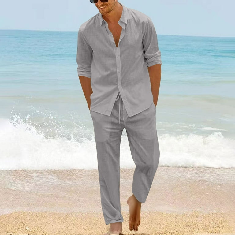 Jinhomg Vacation Outfits for Men Piece Cotton Linen Beachwear