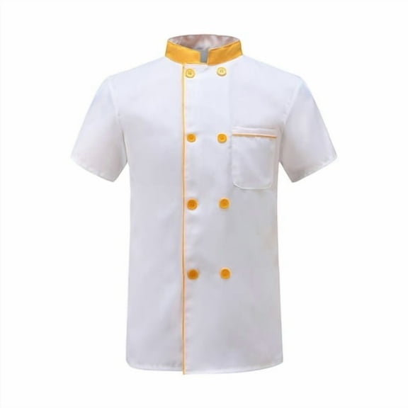 Skymirror Summer Chef Uniform Double-breasted Short Sleeve Unisex Stand Collar Soft Breathable Stain-resistant Loose Cook Kitchen Bakery Restaurant Canteen Waiter Top