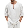 thumbnail image 3 of Mens Beach Shirts Linen 3/4 Sleeve Notch V-Neck Lightweight Breathable Summer Hawaiian Tops Fathers Gift, 3 of 6