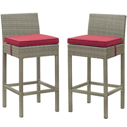 Contemporary Modern Urban Designer Outdoor Patio Balcony Garden Furniture Bar Side Stool Chair, Set of Two, Fabric Rattan Wicker, Red