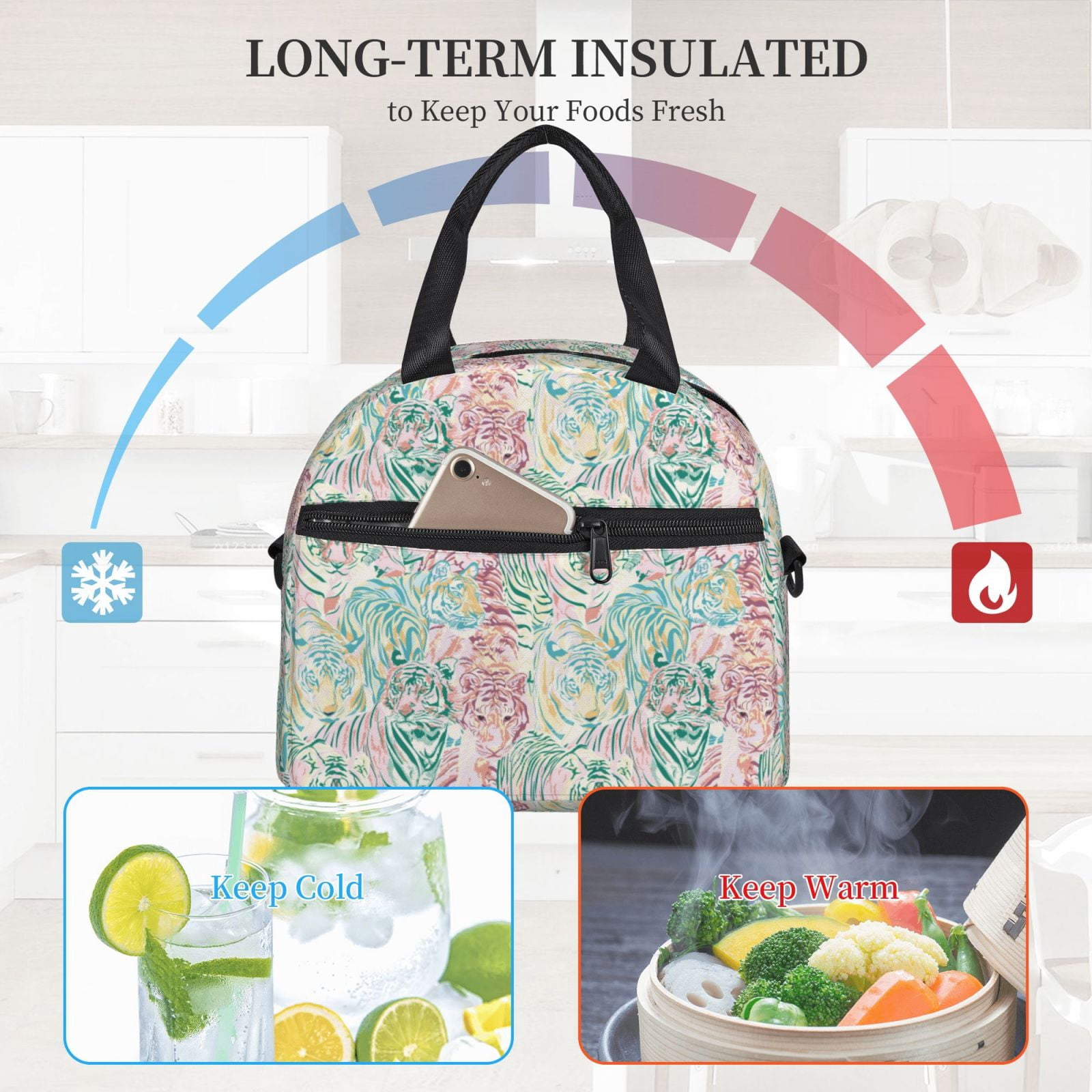Naloa Watercolor Tiger Print Lunch Bag for Women & Men Insulated Lunch Box or Cooler Lunch Tote Bags for Work, Travel, Outdoor