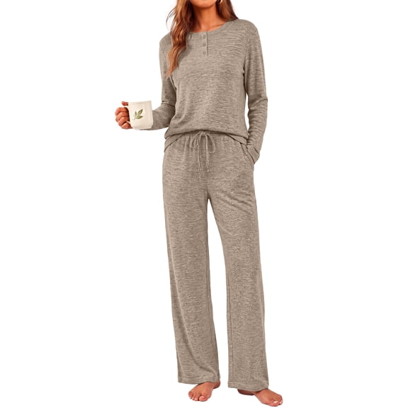 Weekease Woman Pajamas Set Henley Neck Long Sleeve Tops Drawstring Pants Two Piece Outfit Loungewear with Pockets