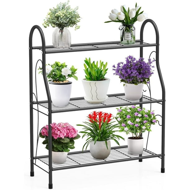 Soporte para Plantas de Metal de 3 Niveles, Estante para Macetas para Interiores y Exteriores, Estante de Exhibición en Flores Esquina para Patio Jardín Balcón Oficina y Sala de Estar, Gris Oscuro