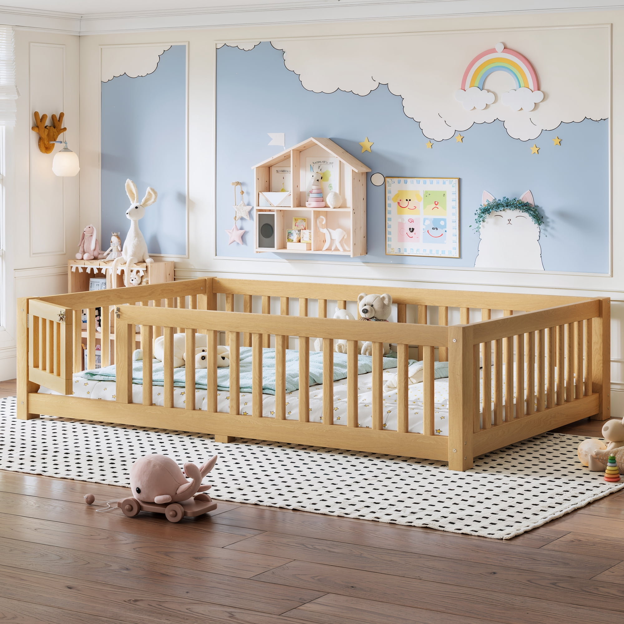 Full Size Kids Floor Bed with Safety Guardrails & Removable Door, Solid Pine Wood Montessori Bed, Natural